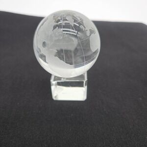 VTG 2.25" Frosted Glass Crystal World Globe Paperweight Etched Map with stand